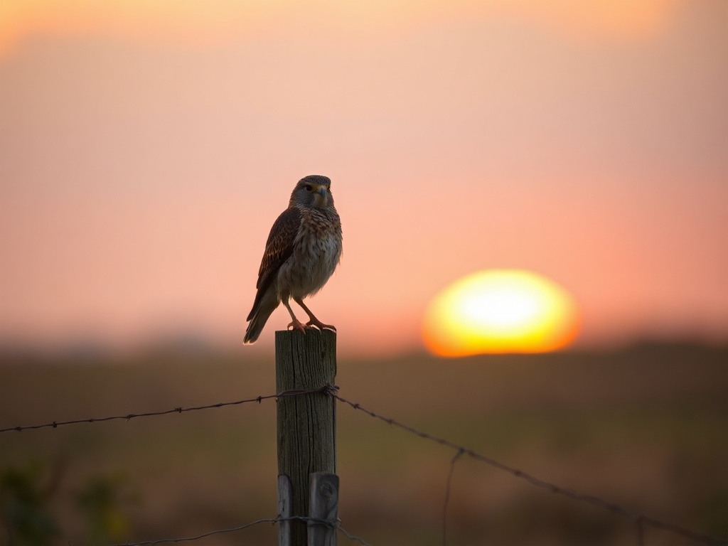 a kestrel on a fencepost at golden hour, cinematic